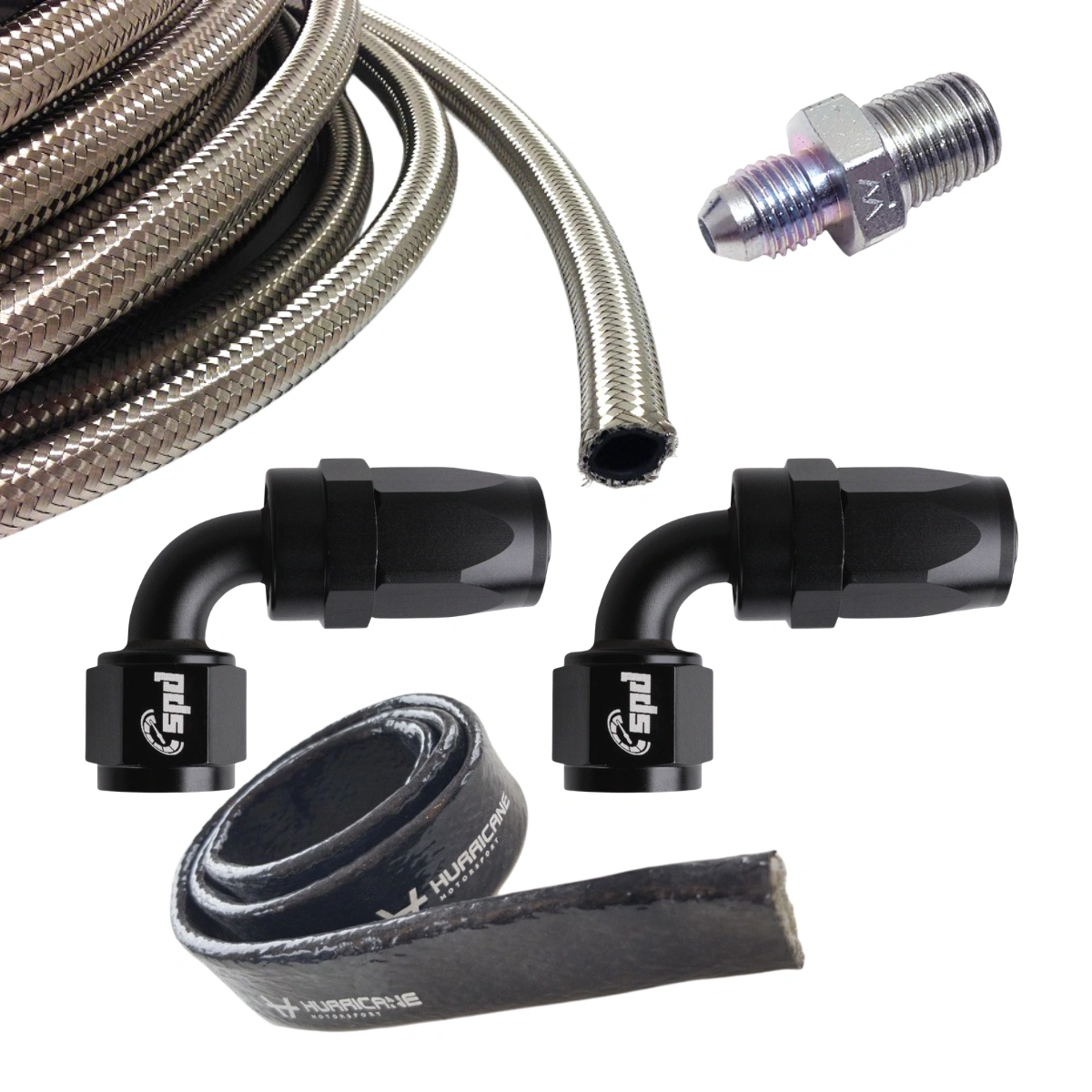 Borgwarner SXE Olej w zestawie Turbo 2 x 90 stopni AN4 + silikonowe pończochy termoochronne